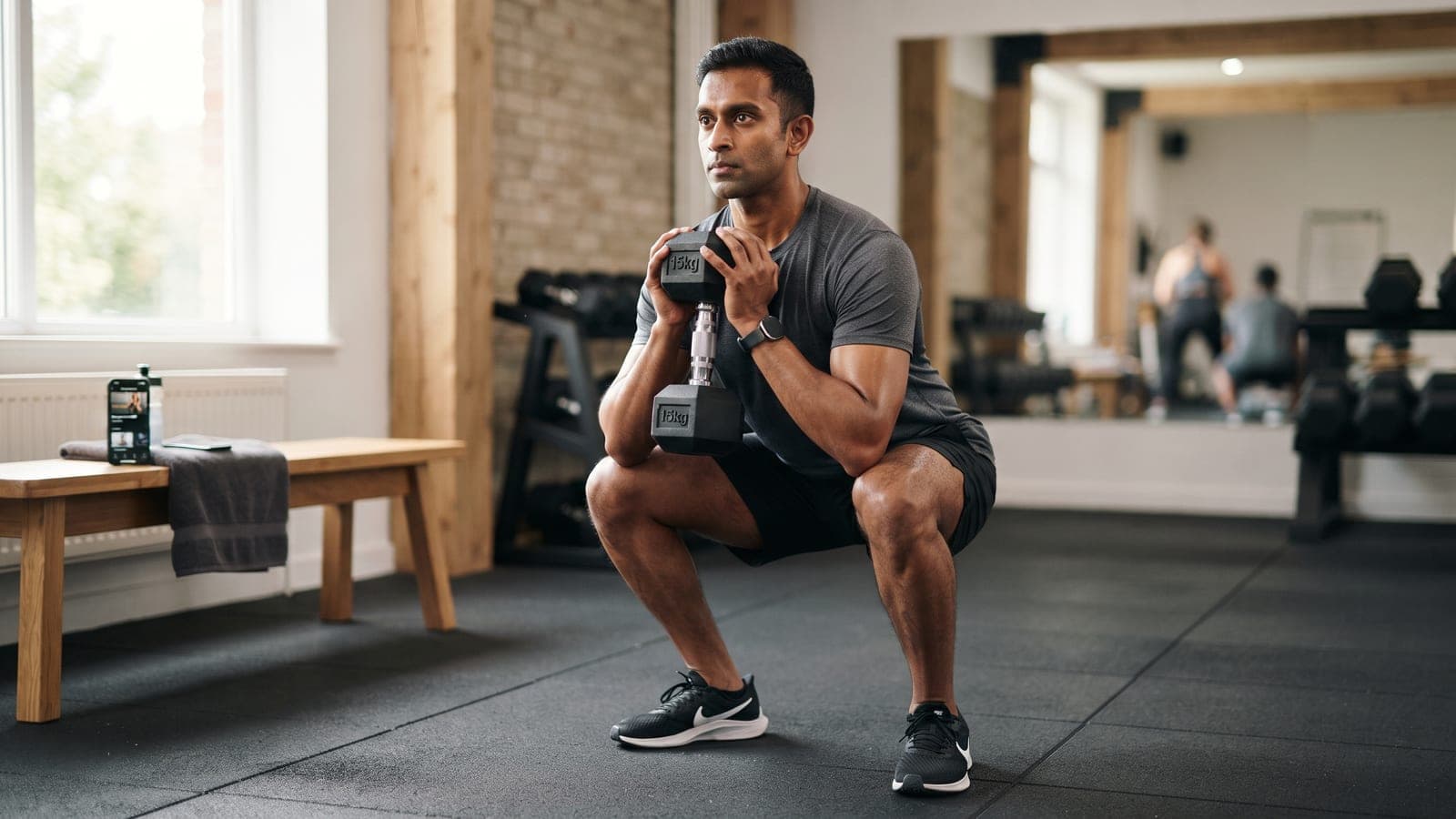 A man performing a goblet squat with a 15 kg dumbbell in a gym