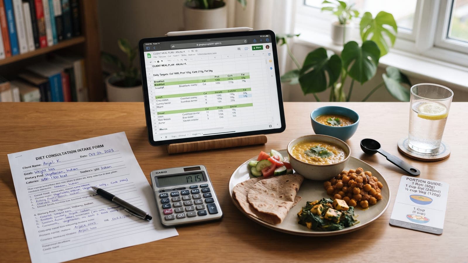 A diet consultation intake form and macro spreadsheet on a tablet beside a plate of roti, daal and chana