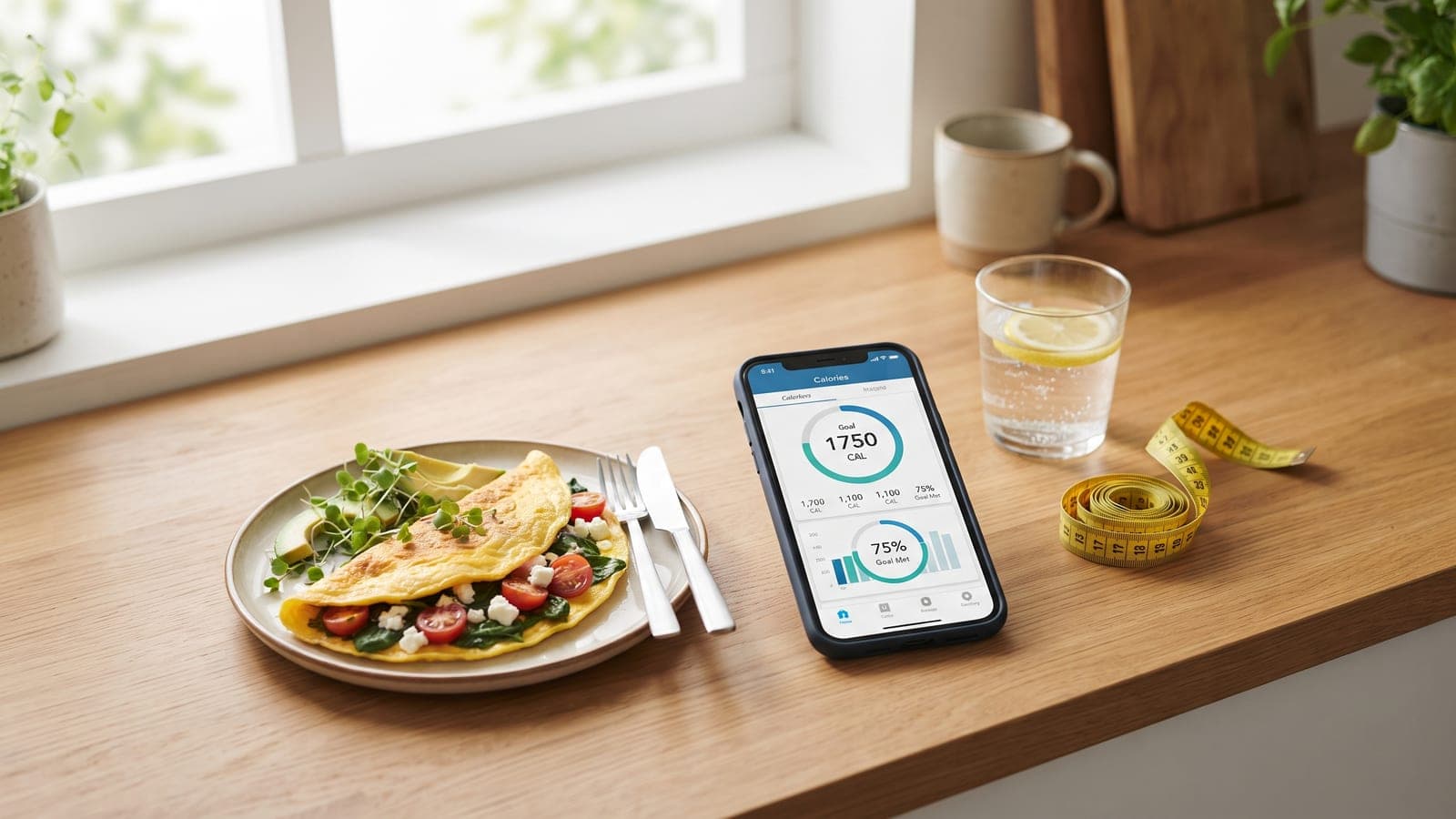 A phone showing a calorie tracking app with a 1750 calorie goal, beside an omelette, a measuring tape and a glass of water