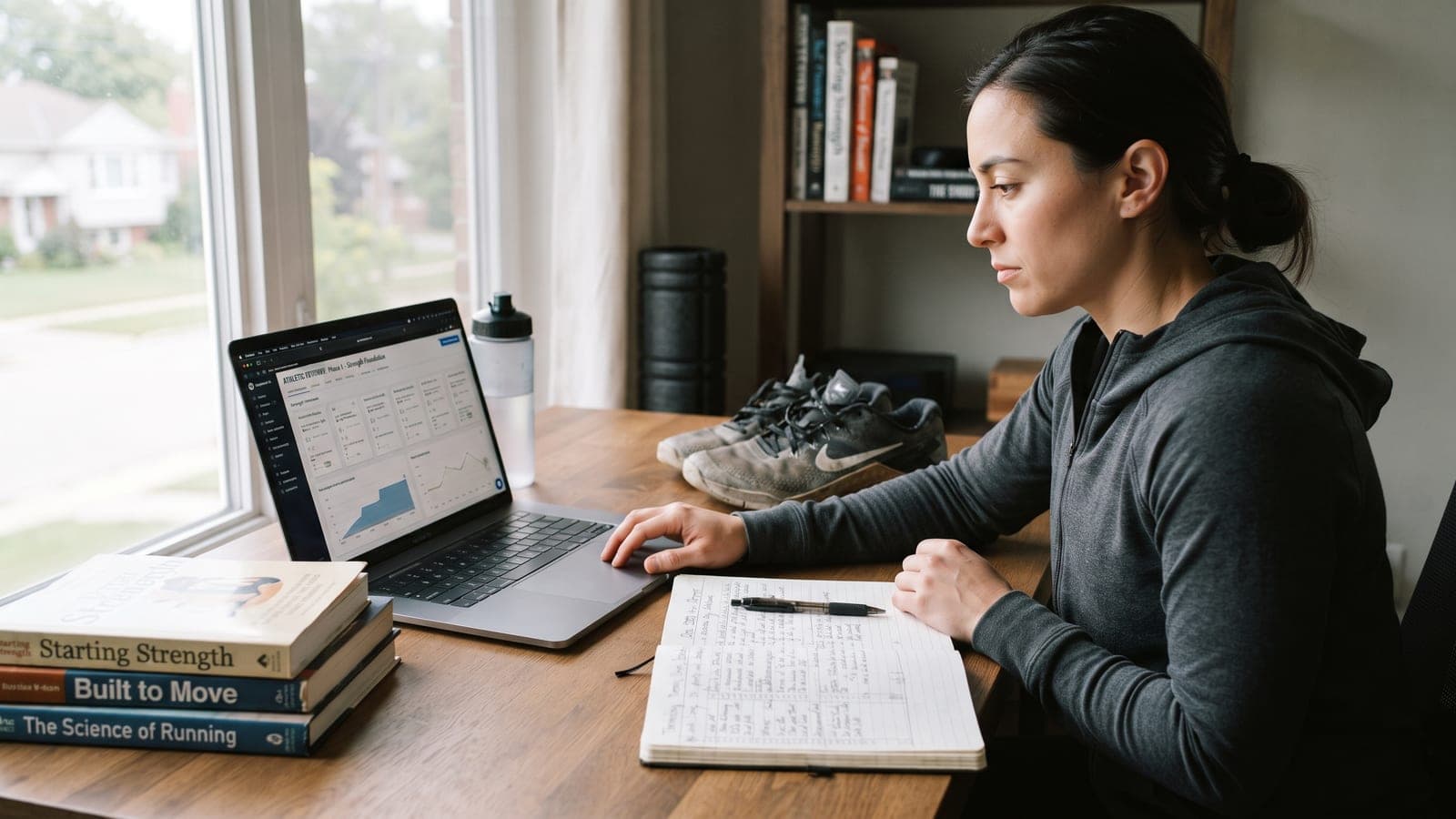 A woman at a desk comparing training plans on a laptop beside a notebook and strength training books