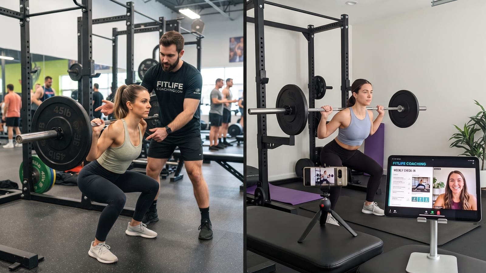 Split image of a trainer coaching a squat in person and a woman training with an online coach on screen