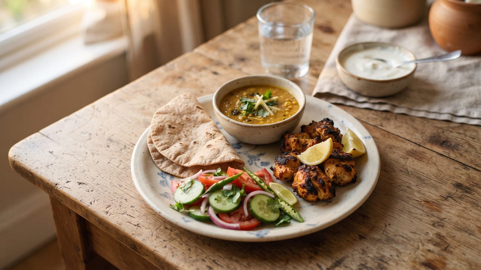 A plate of roti, daal, grilled chicken tikka and fresh salad with a bowl of dahi on a wooden table