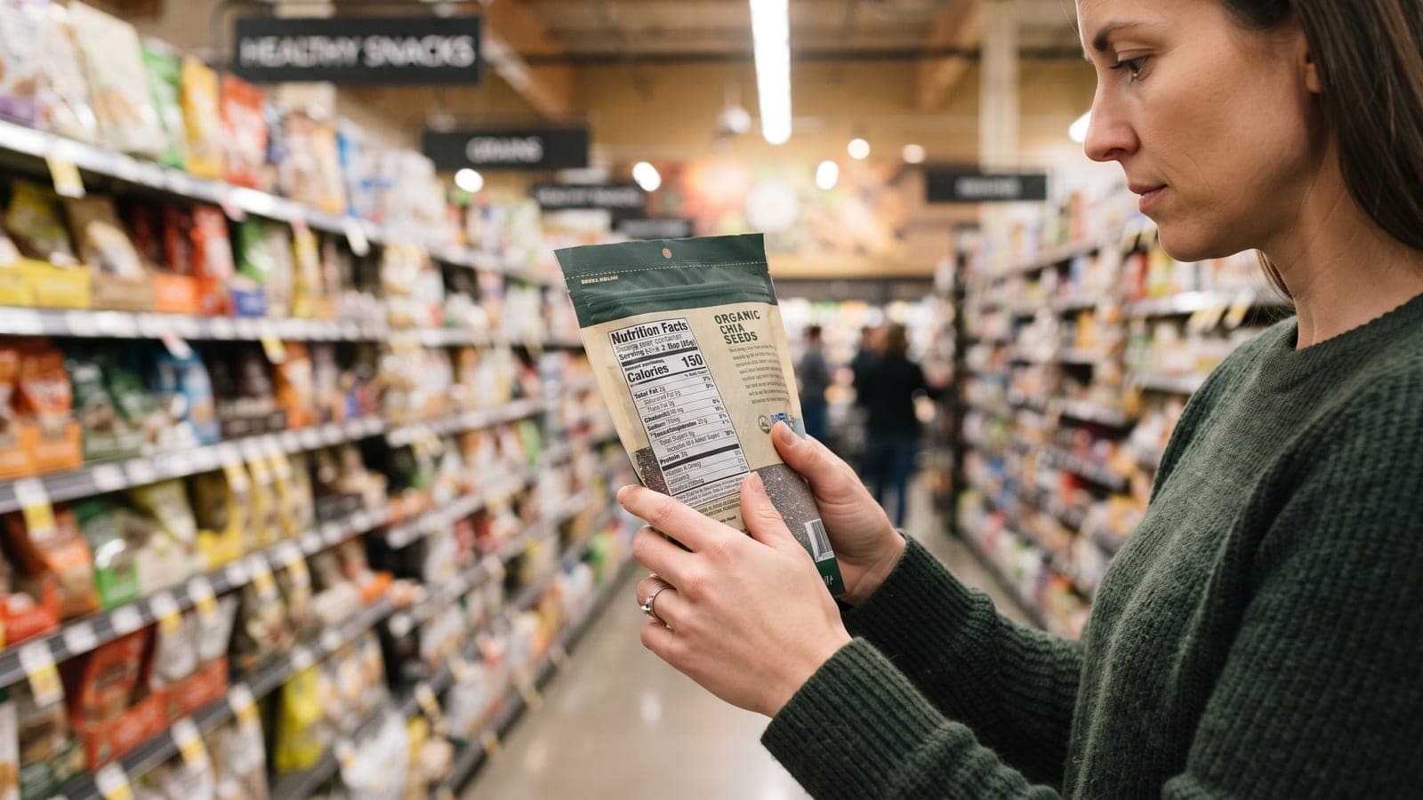 A woman reading the nutrition information panel on a packet in a supermarket aisle