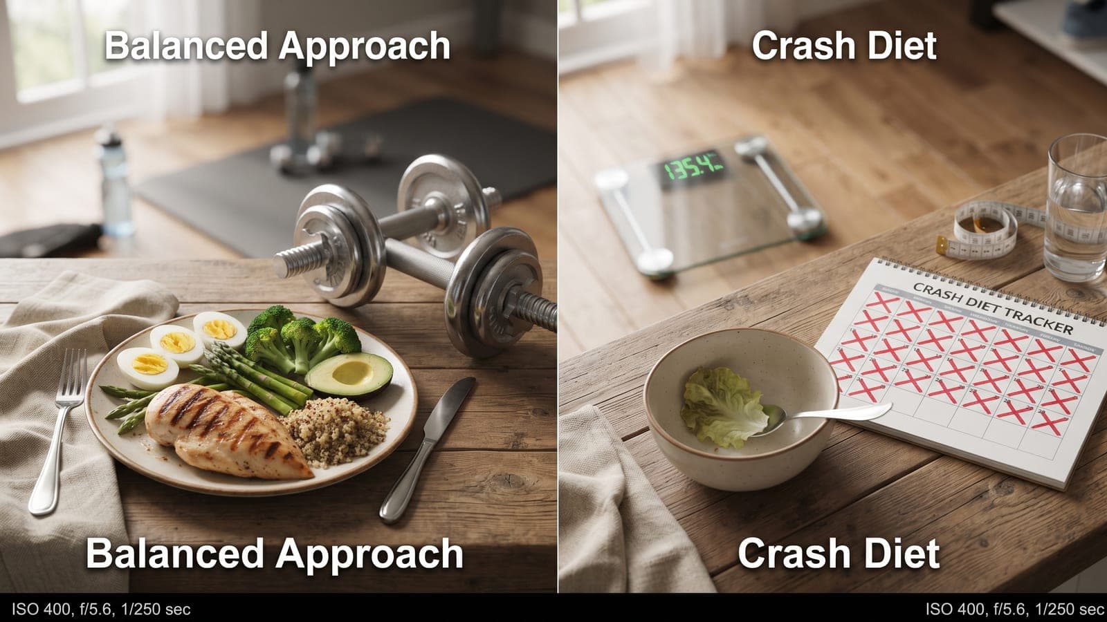 Split image comparing a balanced meal with dumbbells against a crash diet with a scale and tracker
