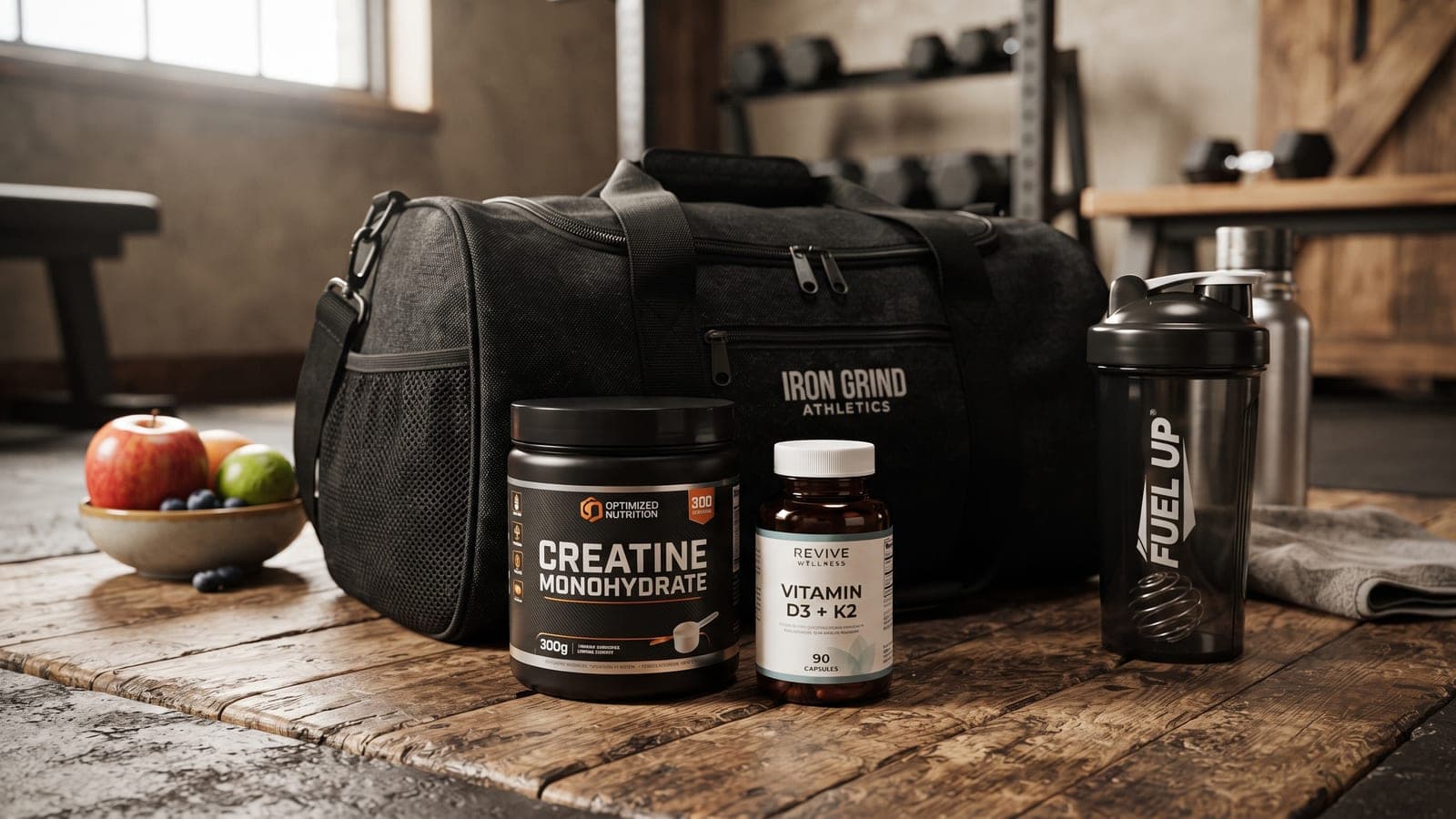 A tub of creatine monohydrate and a bottle of vitamin D beside a gym bag and shaker