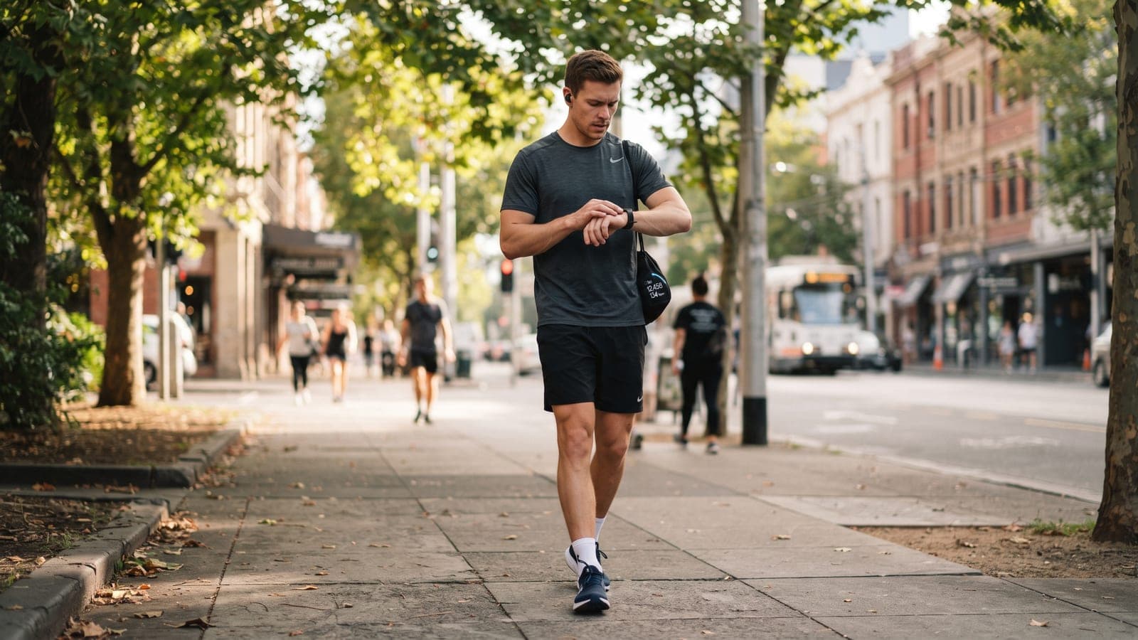 A man checking his fitness tracker while walking along a tree-lined street