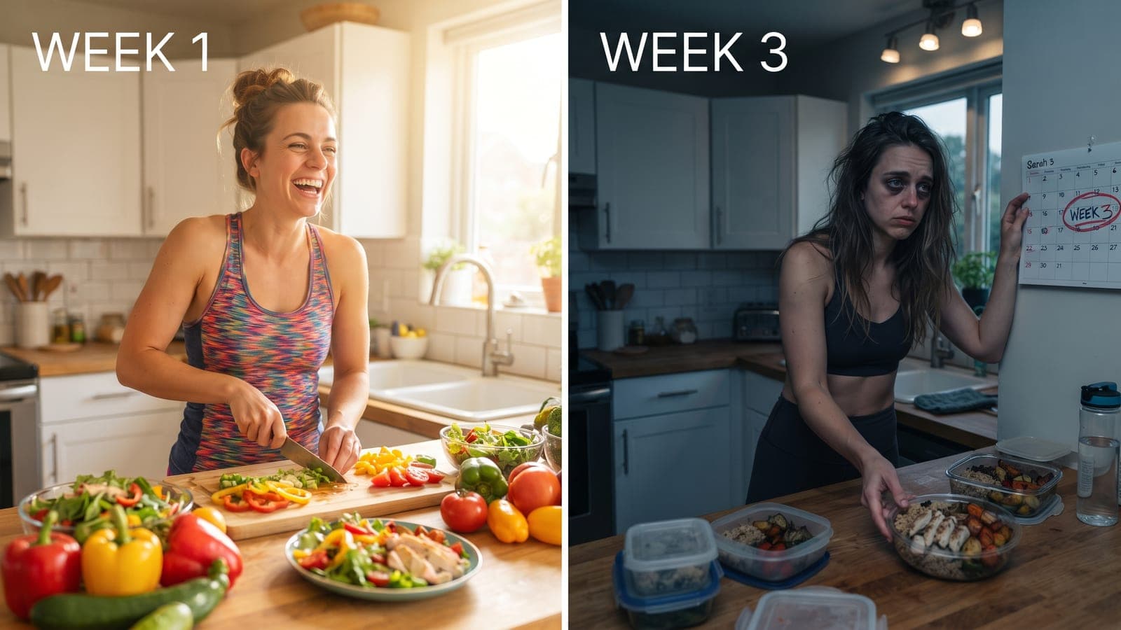 Split image contrasting enthusiastic week one meal prep with a tired week three kitchen