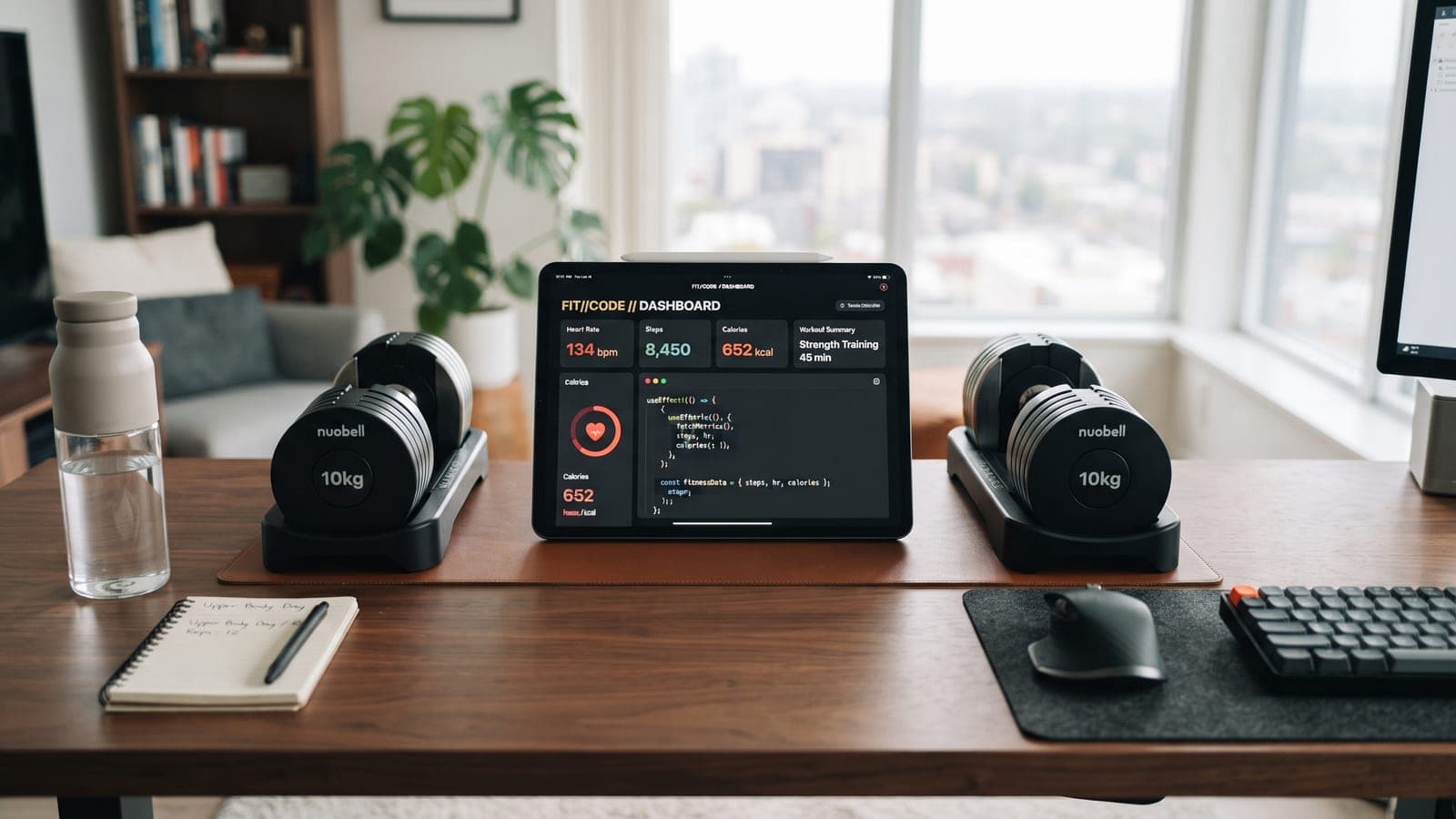 A desk with adjustable dumbbells either side of a tablet showing a fitness dashboard and code