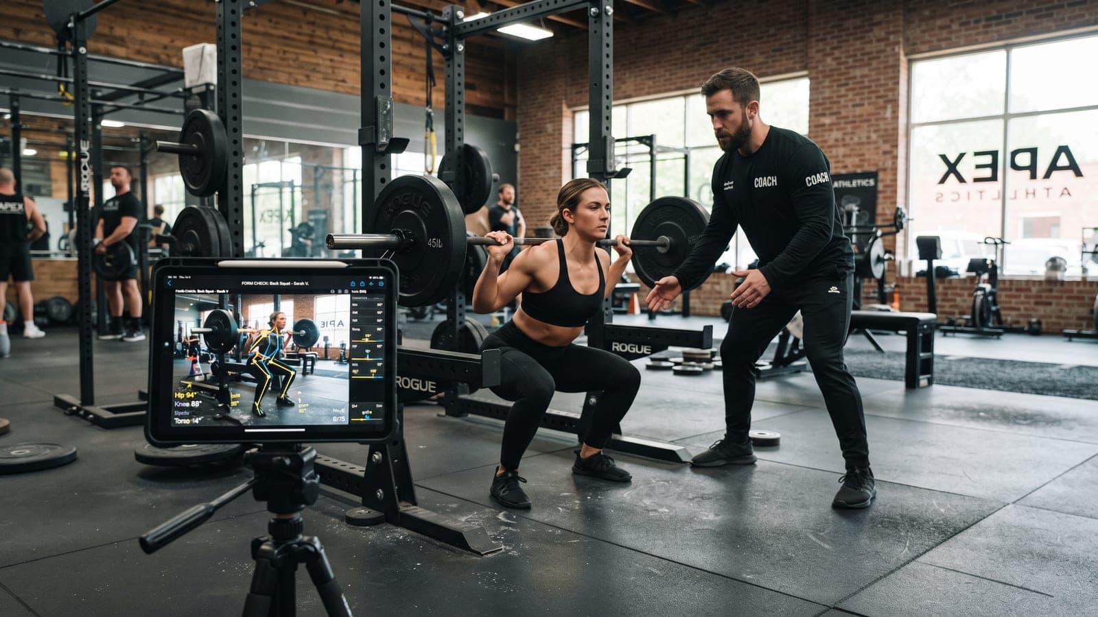 A coach correcting a lifter mid-squat while the set is filmed on a tablet