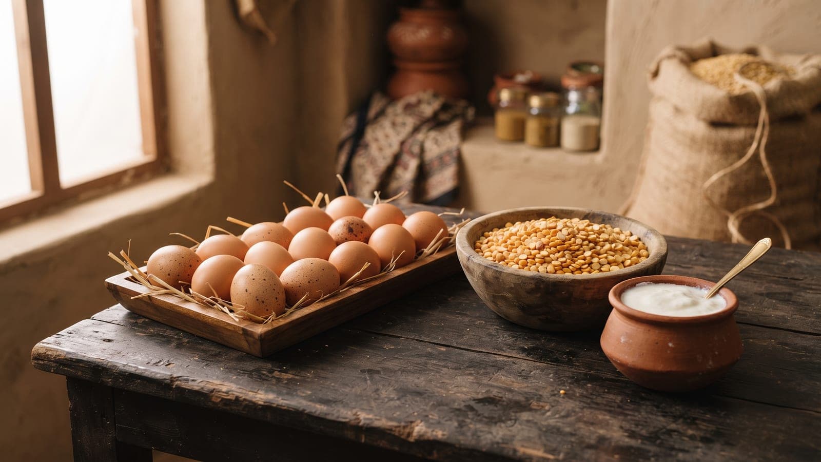 A tray of eggs, a bowl of chana daal and a clay pot of dahi on a rustic kitchen table
