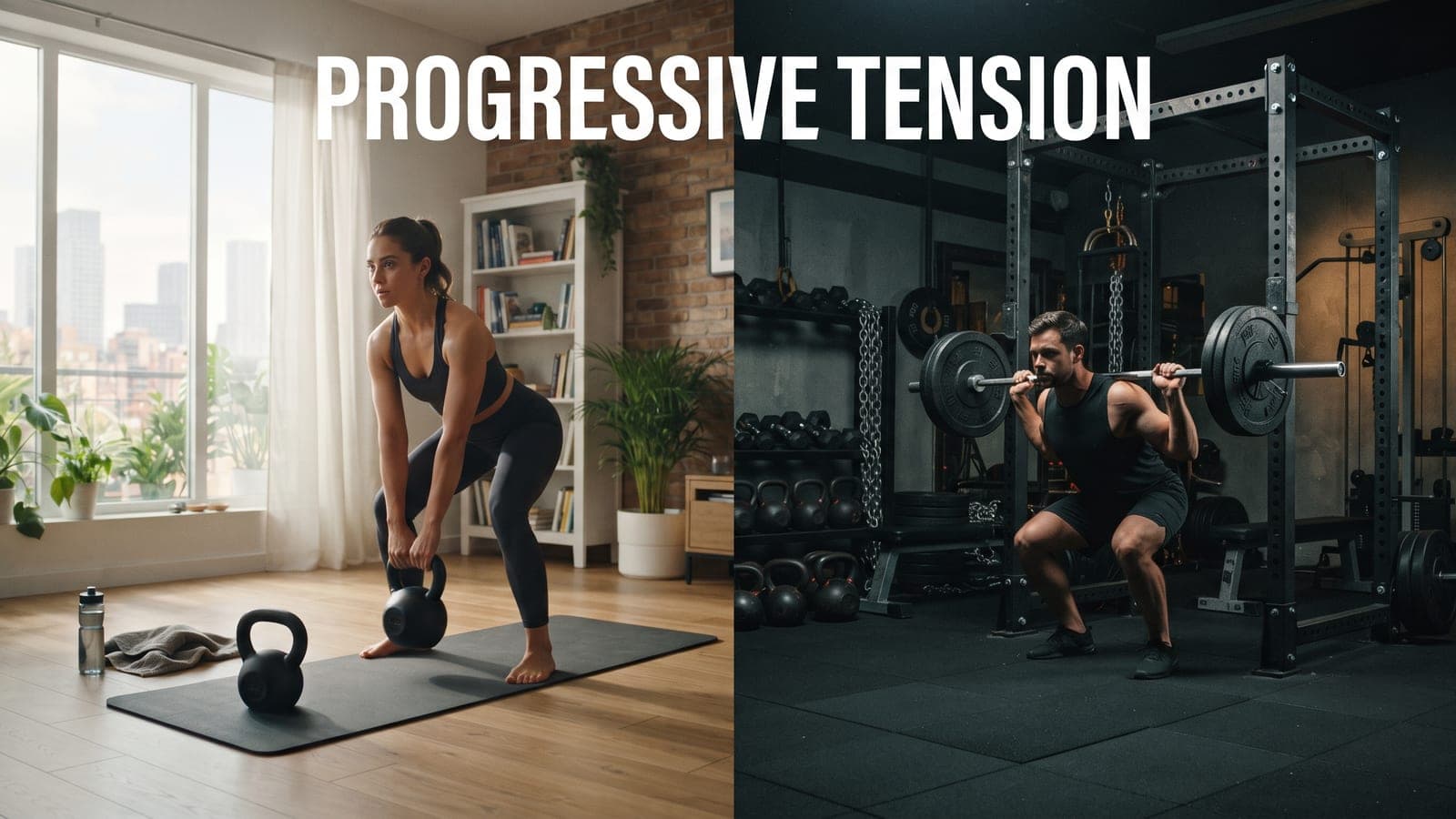 Split image comparing a woman training with a kettlebell at home and a man squatting in a gym