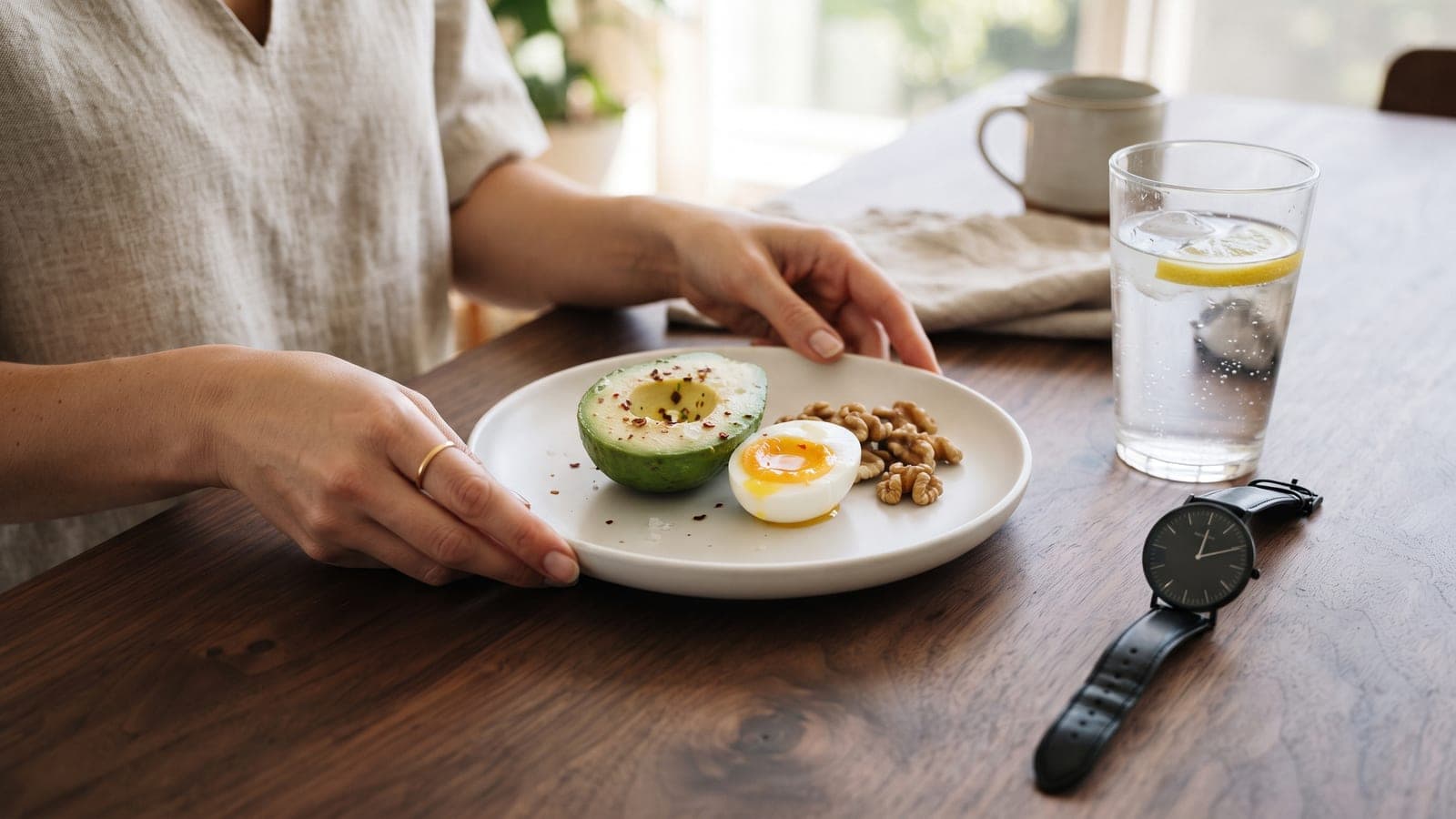 A small plate of avocado, boiled egg and walnuts beside a wristwatch and a glass of water