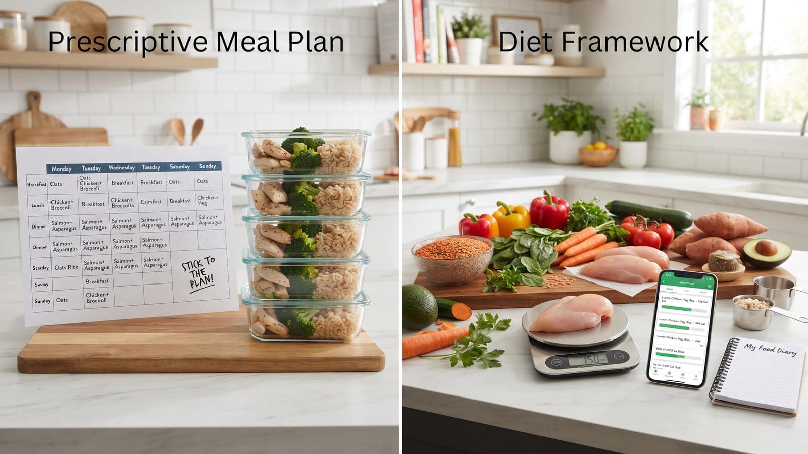Split image comparing prepped meal containers with a weekly menu against fresh ingredients and a food scale