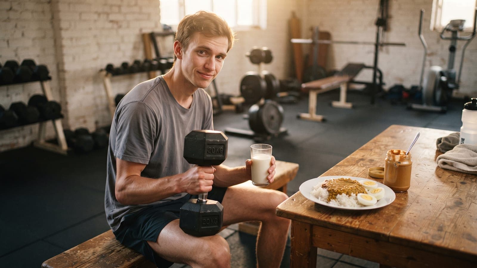 A lean man in a gym holding a dumbbell and a glass of milk beside rice, eggs and peanut butter