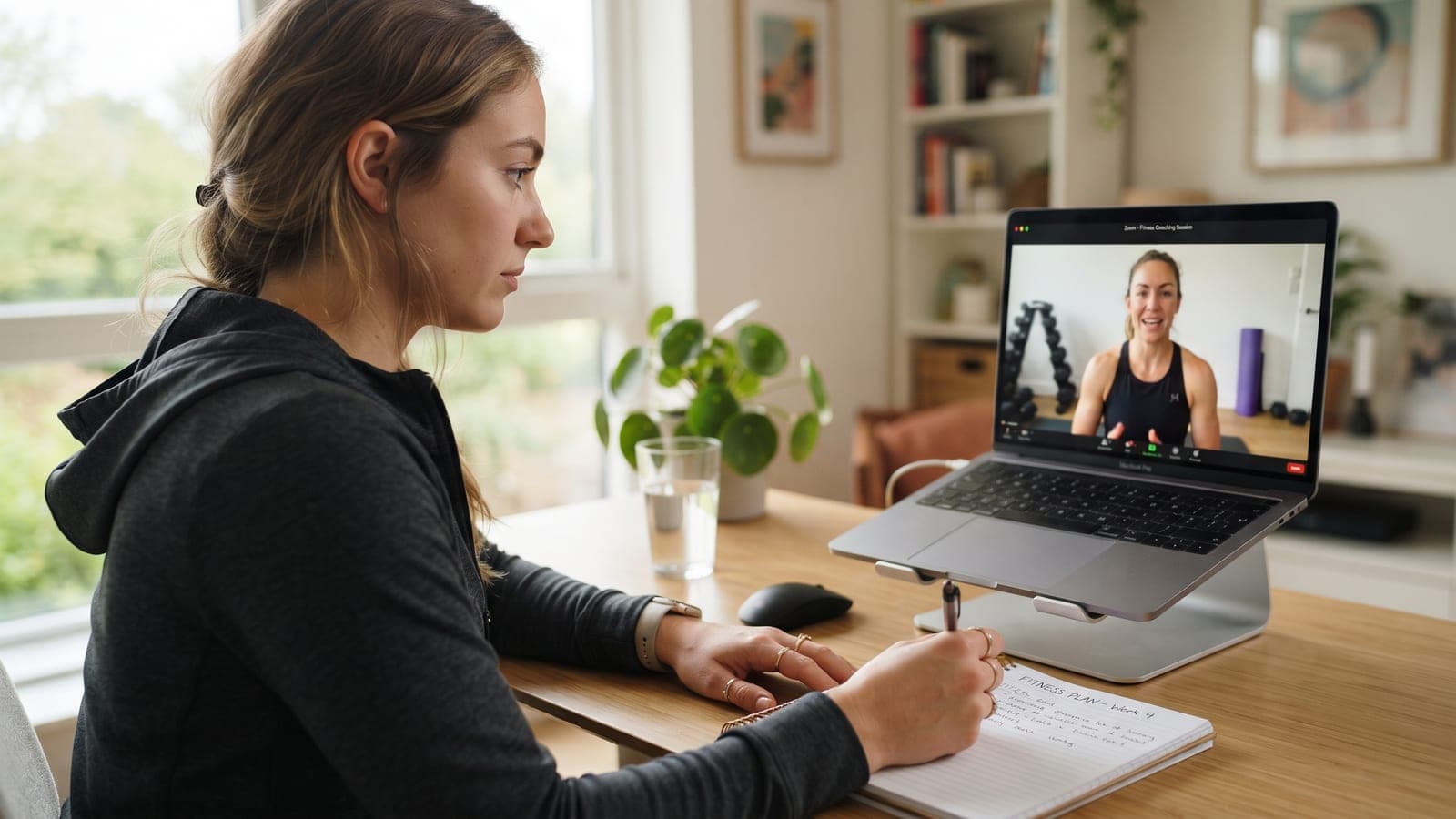 A woman taking notes during an online fitness consultation on a laptop