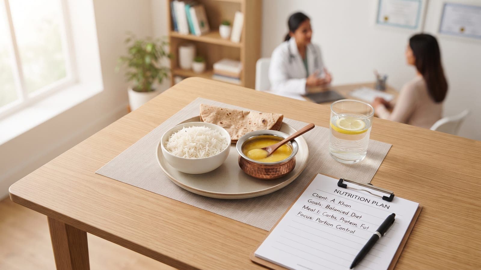 A plate of rice, roti and daal beside a nutrition plan clipboard during a consultation