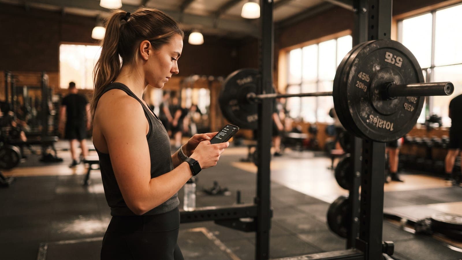 A woman logging her sets on a phone beside a loaded barbell in a gym