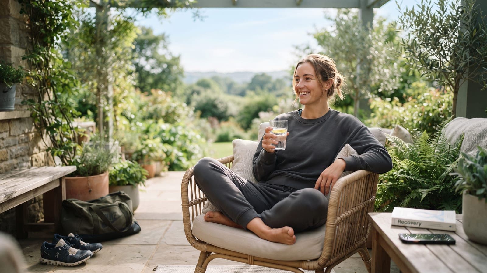 A woman resting on an outdoor patio with a drink, gym bag and trainers beside her