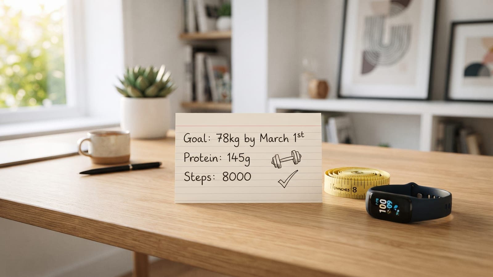 A handwritten card on a desk listing a goal weight, protein target and daily step target