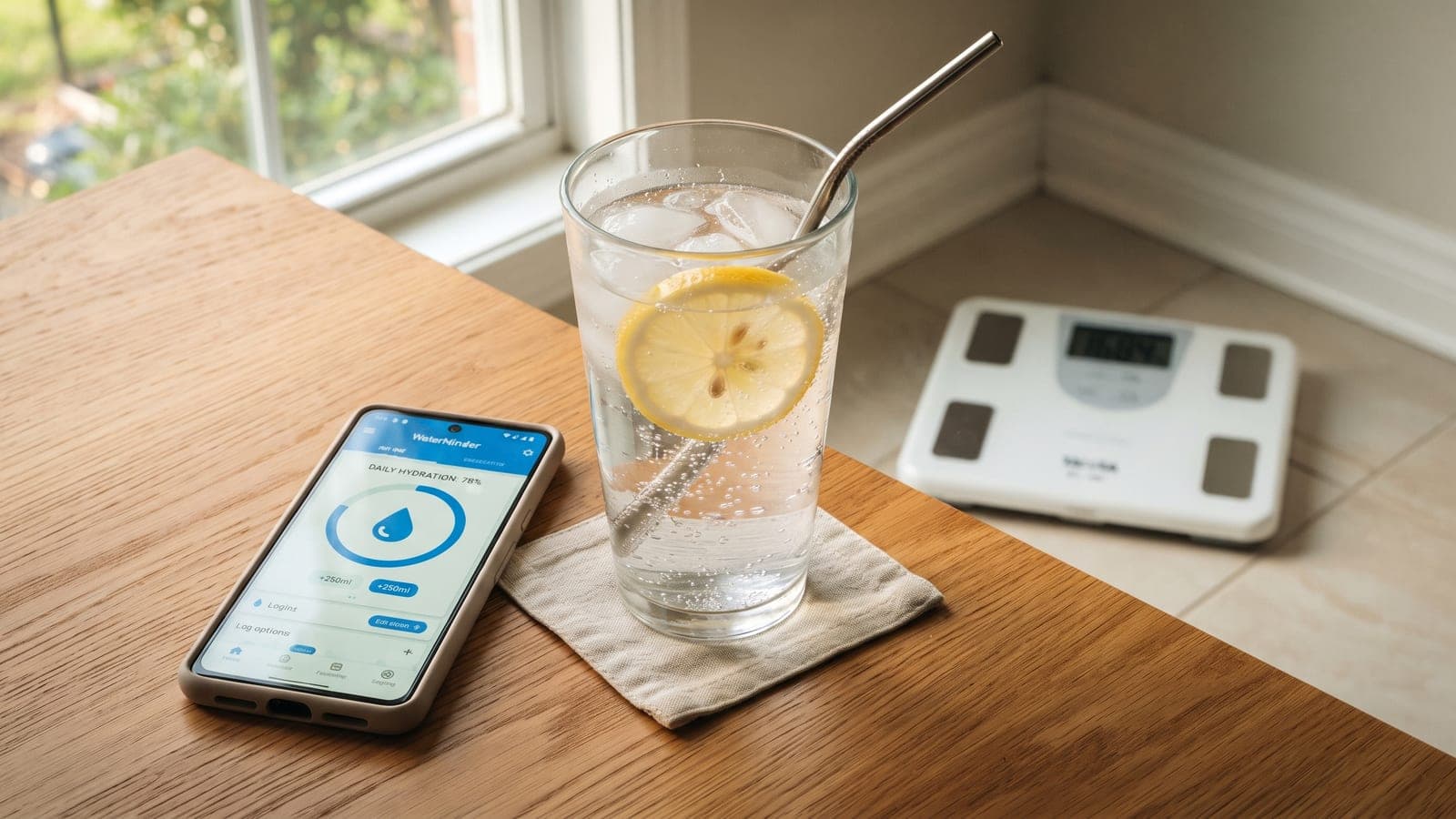 A glass of water with lemon beside a phone showing a hydration tracker and a bathroom scale