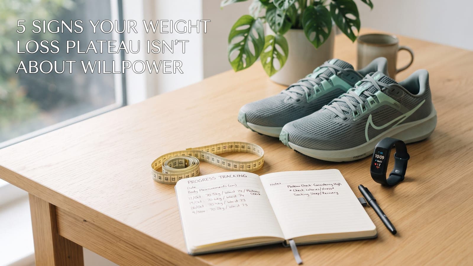 An open notebook logging weekly weight and waist measurements, beside a measuring tape, fitness tracker and running shoes